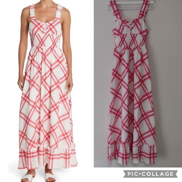 Betsey Johnson Dresses & Skirts - Betsey Johnson Windowpane Plaid Smocked Cotton Ruffle Maxi Dress | Flawed NWT